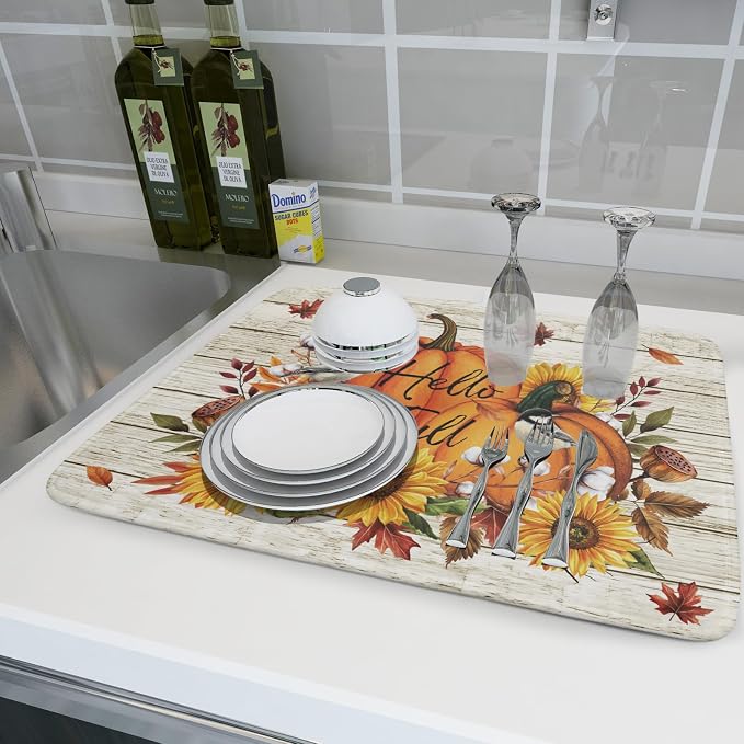 Hello Fall Dish Drying Mat Autumn Pumpkin Dish Drainer Rack Mats 18"x24" Fast - Image 6