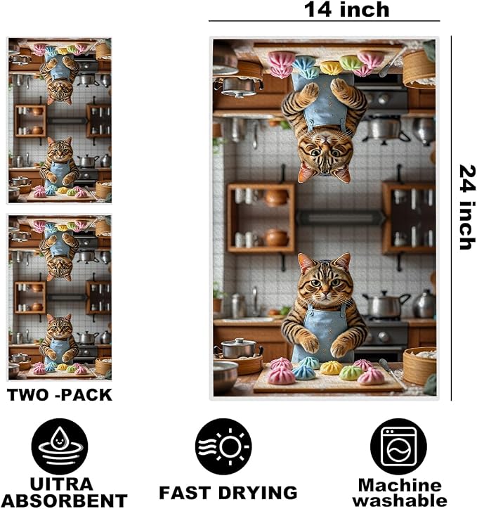 Hanamiya Na 2 Pcs Cute Cat Kitchen Towels 24x14 Inch, Cooking Cats Patterns - Image 2