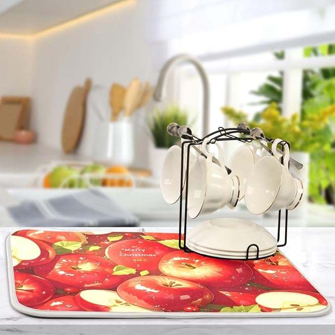 Red Apples Dish Drying Mat for Kitchen Counter Absorbent Microfiber Drying Pad - Image 5