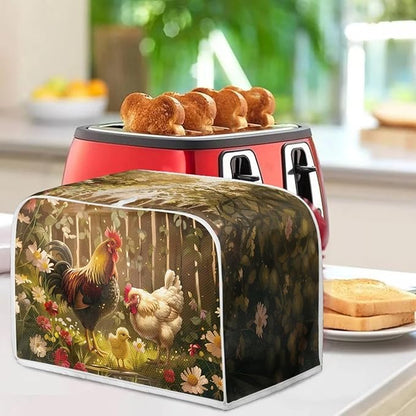 Chicken Rooster Flower Toaster Cover 4 Slice Wide Slot, Washable Kitchen Appliance Cover Dust Resistant Protector for Home, Toaster Protector Kitchen Accessories