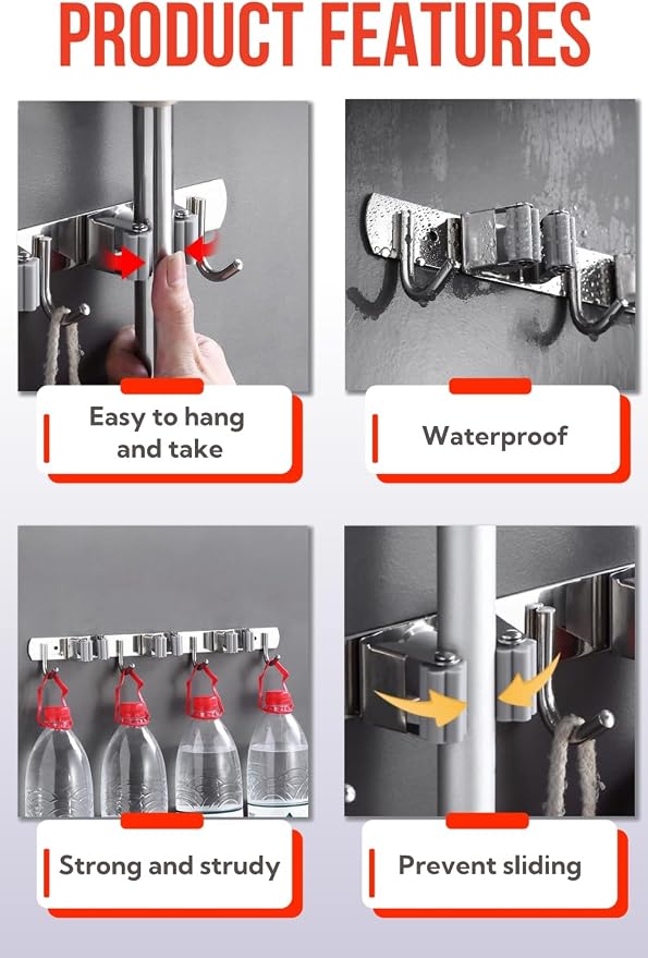 Mop and Broom Holder Wall Mount, Upgraded Broom Hanger Wall Mount, Stainless - Image 2