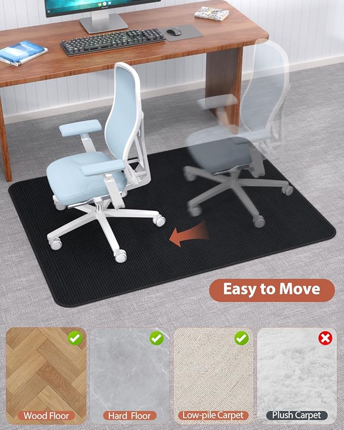 Blvornl Office Chair Mat for Hardwood Floor and Low Pile Carpet, 47" x 60" Corduroy Surface Desk Rolling Chair Mat for Hard Floors, Heavy Duty Carpeted Floor Protector Rug for Home Office, Black