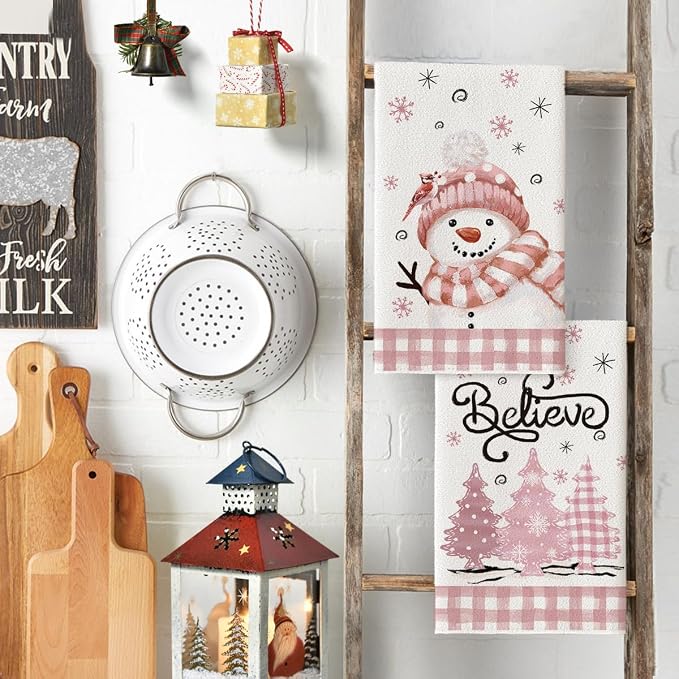 Artoid Mode Pink Xmas Tree Snowman Christmas Kitchen Towels Dish Towels - Image 4
