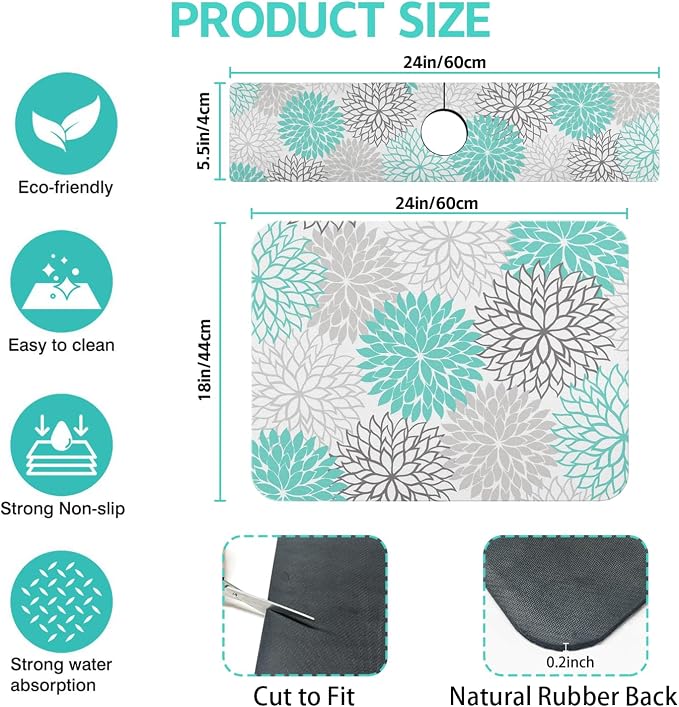 Dish Drying Mat for Kitchen Counter Matt, Super Absorbent Non-slip Rubber Backed - Image 2