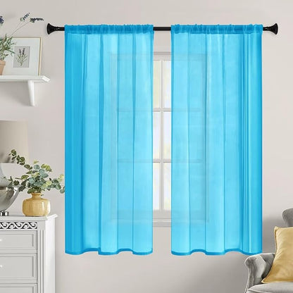Sheer Curtains 45 Inches Long 2 Panels, Rod Pocket Short Curtain for Kitchen, Bedroom, Cafe Window(Cyan Blue 38" W x 45" L)
