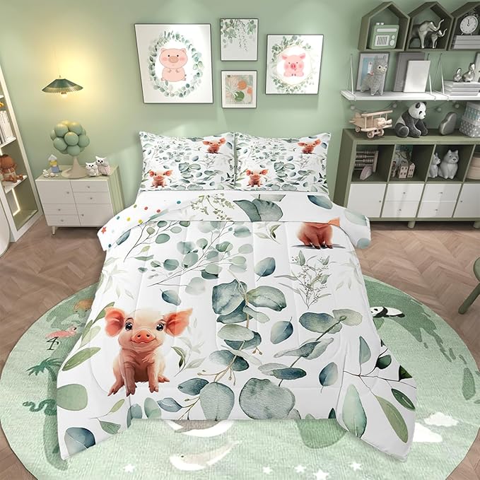 Erosebridal Kawaii Pig Bedding Full Size for Boys Girls Cartoon Animal Comforter Set Full, Eucalyptus Leaves Duvet Insert Farm Wildlife Quilt Comforter, Tropical Plants Bedding Comforters & Sets