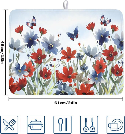 4th of July Dish Drying Mat for Kitchen Counter 18 x 24 Inch Patriotic Floral - Image 2