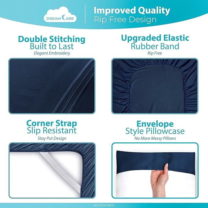 DREAMCARE King Size Sheets Set - Cooling Bed Sheets - 4pcs Set - up to 15" Deep Pocket King Sheet Set – Soft & Long Lasting Cooling - 100% Fine Brushed Polyester with Side Pocket - Navy Blue