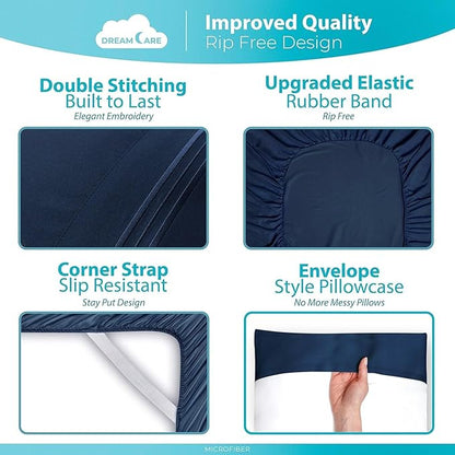 DREAMCARE King Size Sheets Set - Cooling Bed Sheets - 4pcs Set - up to 15" Deep Pocket King Sheet Set – Soft & Long Lasting Cooling - 100% Fine Brushed Polyester with Side Pocket - Navy Blue
