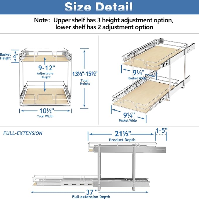 ROOMTEC 2 Tier Individual Pull Out Cabinet Organizer 10½"W x 21½"D, Slide Out - Image 3