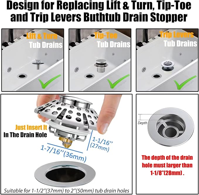 Bathtub Drain Stopper, Pop Up Tub Stopper - Image 3