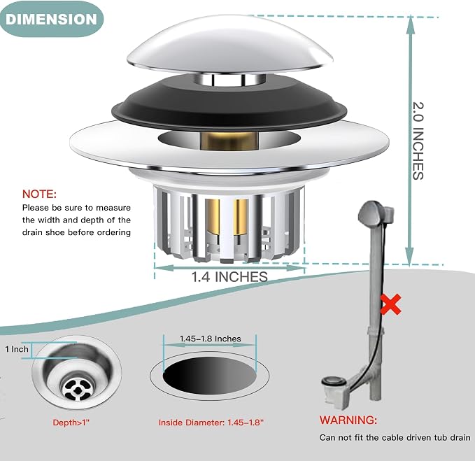 Kitchen Sink Drain Strainer 3 in 1, 304 Stainless Steel Pop Up Sink Stopper - Image 6