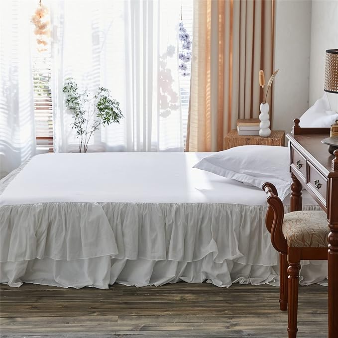 BISELINA White Ruffled Bed Skirt 22-Inch Tailored Drop Cotton Voile Dust Ruffle Soft Cozy Elegant Luxurious Bedding (22" King, White)