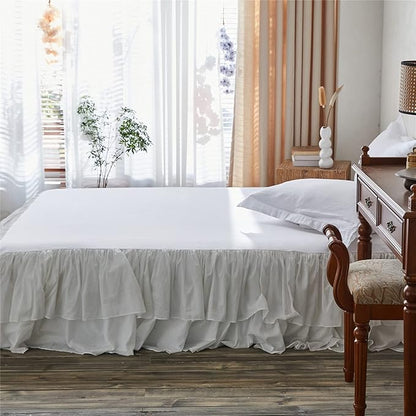 BISELINA White Ruffled Bed Skirt 22-Inch Tailored Drop Cotton Voile Dust Ruffle Soft Cozy Elegant Luxurious Bedding (22" King, White)