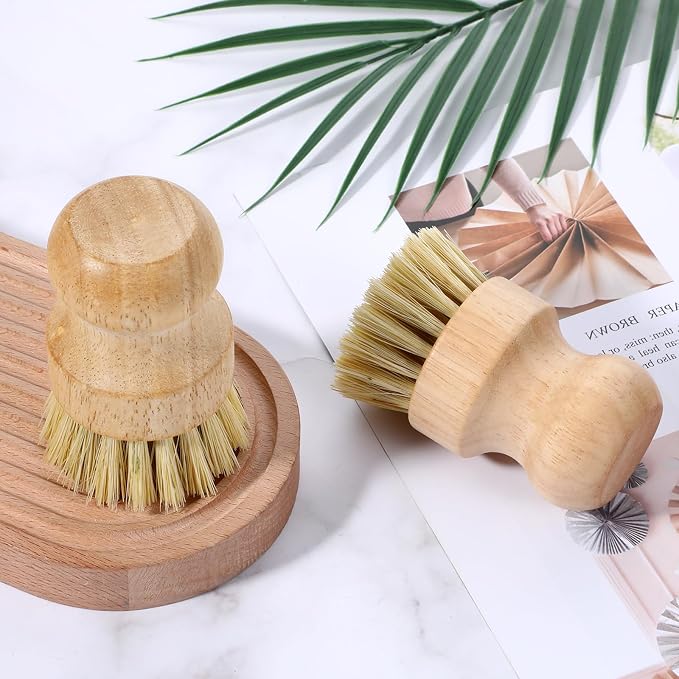 10 Pcs Bamboo Dish Scrub Brush Set, Mini Natural Wooden Scrubbers Set Round - Image 4