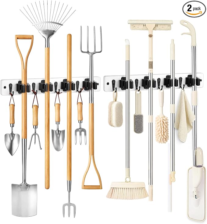 Lorbro 2 Pack Broom Holder Wall Mount, Wooden Broom and Mop Organizer Wall by Lorbro