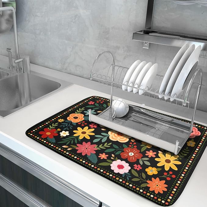 Boho Floral Dish Drying Mat 18x24 Inch Colorful Flower Dishes Dry Mats - Image 5