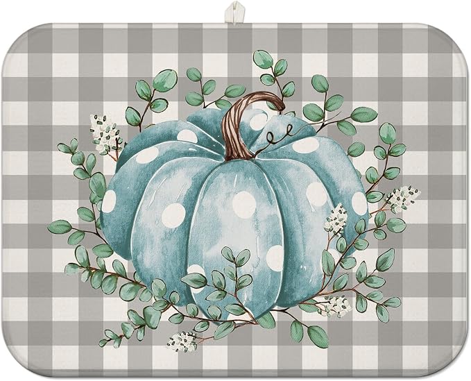 Fall Dish Drying Mat for Kitchen Counter, Buffalo Plaid Blue Pumpkin Pattern by Unknown