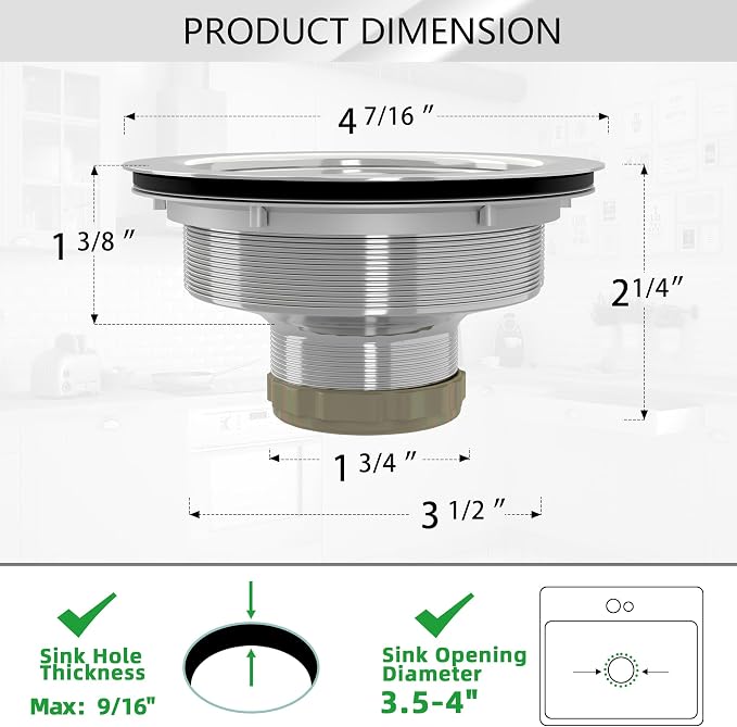 Kitchen Sink Drain 3-1/2 Inch Brushed Stainless Steel Sink Drain Strainer - Image 9