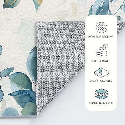 2x3 Botanical Leaf Entryway Area Rug Blue White Leaves Bathroom Rug Non Slip Machine Washable Low Pile Small Carpet Kitchen Bedroom Door Mat Entrance