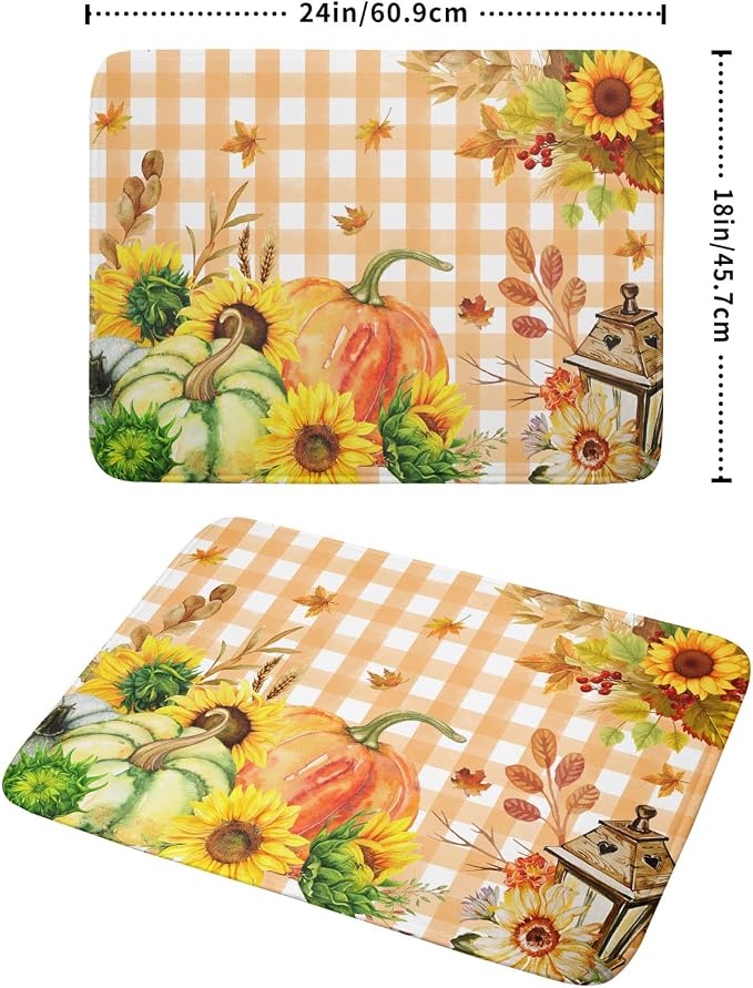 Autumn Maple Leaf Orange White Check Plaids Dish Drying Mat - Image 2