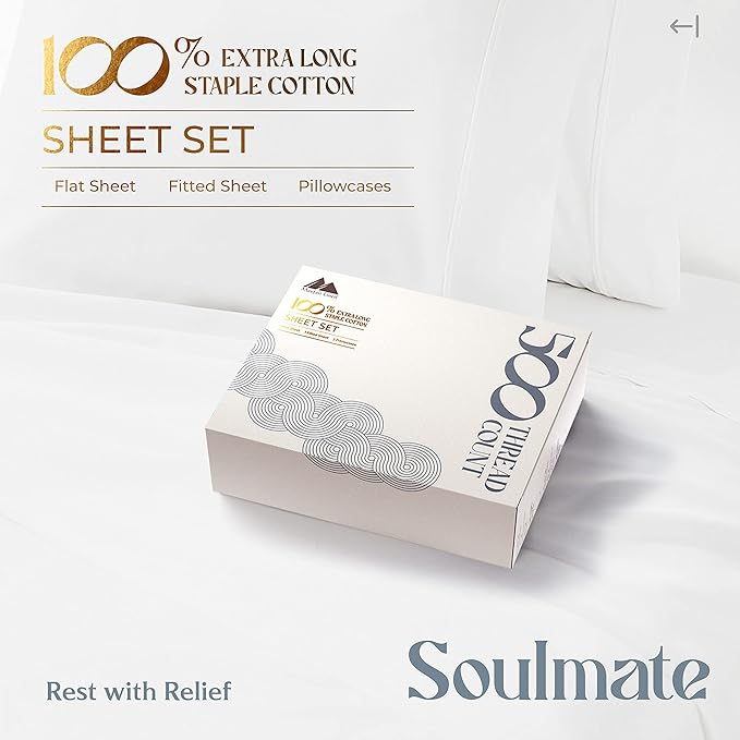 Mayfair Linen Twin Sheet Sets Cotton - 500 Thread Count 100% Cotton Twin Sheets, 3 PC (White), Luxury Soft, Breathable, Cooling, Extra Large 16" Deep Pocket Sateen Weave Bedsheet Set for Dorm Rooms