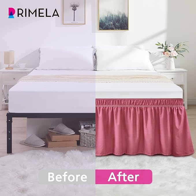 RIMELA Dusty Red Bed Skirt King Size 18 Inch Drop, Wrap Around Elastic Bedskirt, Dust Ruffle for Adjustable Bed Base Machine Washable Easy to Install Bed Skirts