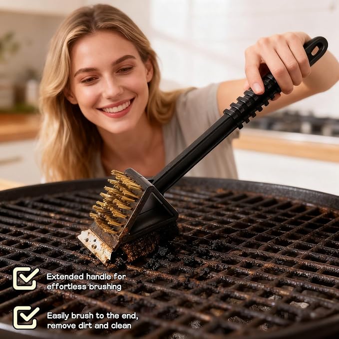 3-in-1 Grill Brush with Scraper & Scrub Pad, 14.5" Long Handle Brass Brush - Image 6