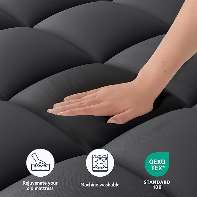 ELEMUSE Full XL Black Mattress Topper for Back Pain, Extra Thick Mattress Pad Cover, Plush Soft Pillowtop with Elastic Deep Pocket, Overfilled Down Alternative Filling