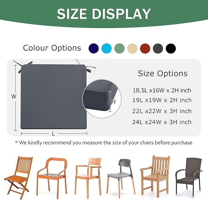 Outdoor Chair Cushions Set of 2: Waterproof & Fade Resistant Seat Cushion for Patio Furniture - 19 x 19 x 2 Inch Chair Pads with Ties and Hidden Zipper -Patio Chair Cushion Replacement, Dark Grey