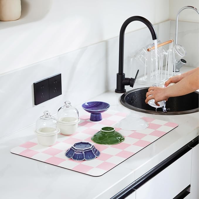 Checkered Dish Drying Mat for Kitchen Counter, Coffee Bar Station Accessories - Image 2