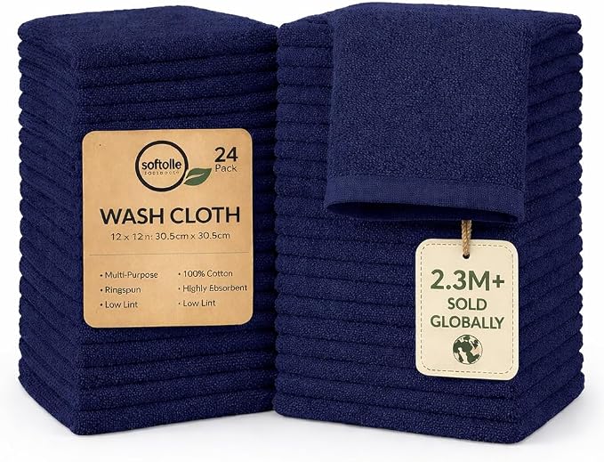 Softolle 100% Cotton Washcloths 24 Pack Soft, Highly Absorbent Washcloth by Softolle
