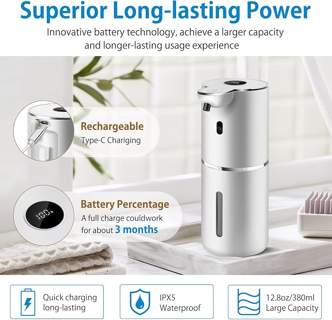 Automatic Liquid Soap Dispenser 12.8oz, Rechargeable & 6 Levels Soap Adjustable - Image 4