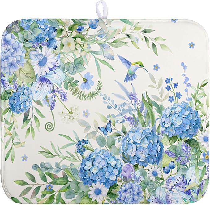 Blue Hydrangea Dish Drying Mat for Kitchen Counter 16 x 18 Inch Spring Floral by Wnoesat
