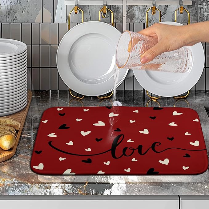 Valentine Dish Drying Mat for Kitchen Counter Valentines Day Red Black Love - Image 5