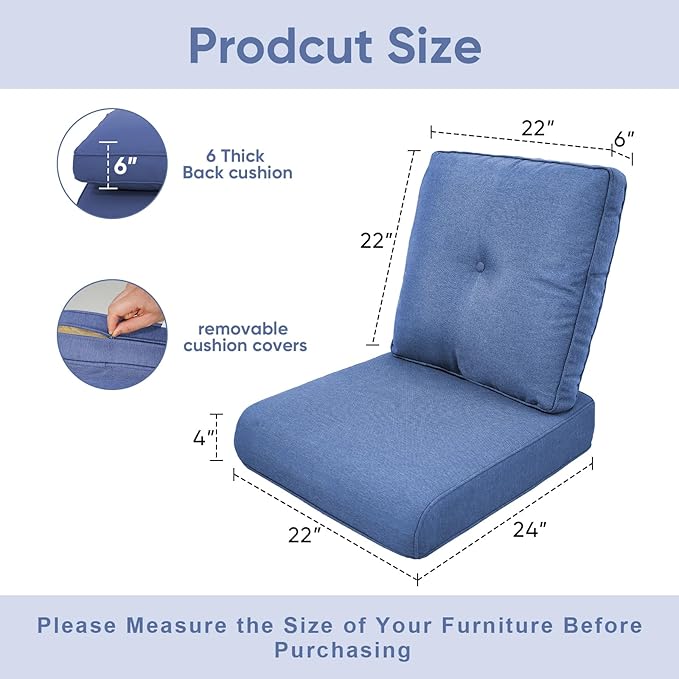 Outdoor Chair Cushions for Patio Furniture - 1 Pack Outside High Back Thick Water-Resistant Cushion 22x24 with Zipper Cover for Wicker Glider Rocking Chairs Loveseat Couch – Blue/Buckle