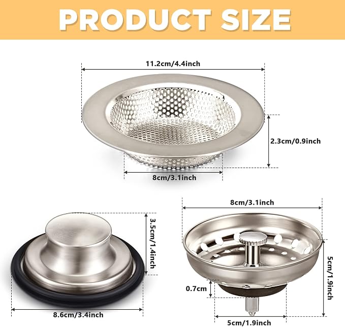 Mudder 3 Pcs Kitchen Sink Drain Strainer and Stopper Stainless Steel Garbage - Image 2