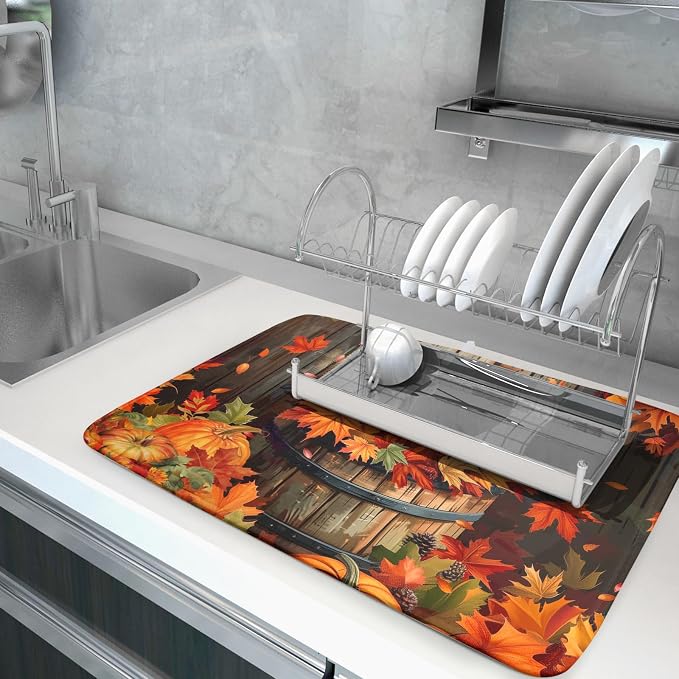 Fall Pumpkin Dish Drying Mat for Kitchen Counter Autumn Pumpkin Dish Mats for - Image 5