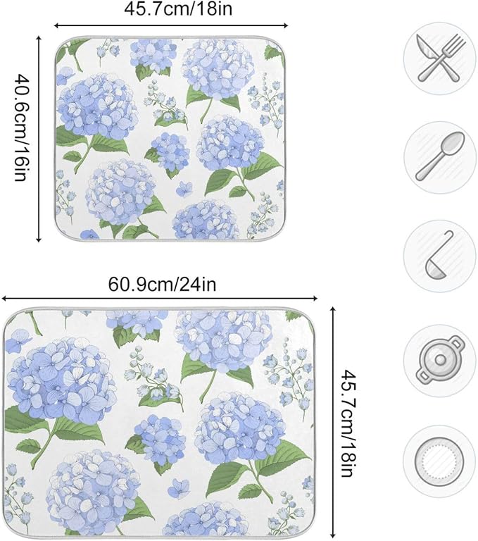 Blue Hydrangea Flowers Dish Drying Mat Super Absorbent Drying Mat Large Coffee - Image 7