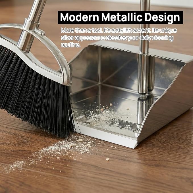 Indoor Broom and Dustpan Comb Set, Heavy Duty Stainless Steel Metal Dust Pan - Image 6