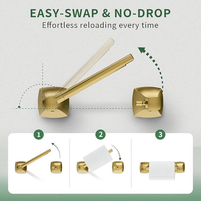 Toilet Paper Holder Wall Mount Brushed Gold Double Post Pivoting Tissue Roll - Image 3