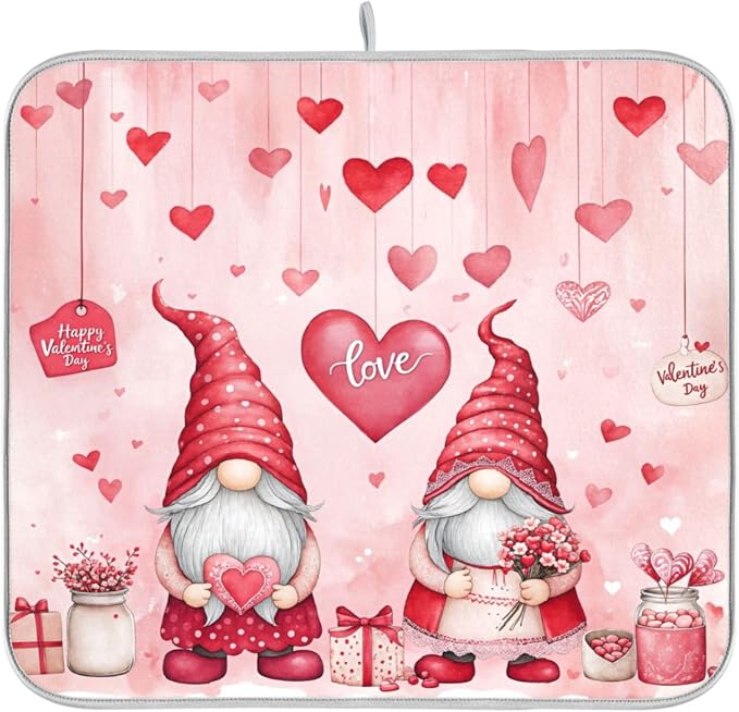 Valentine’s Day Gnomes Dish Drying Mat by Wamika