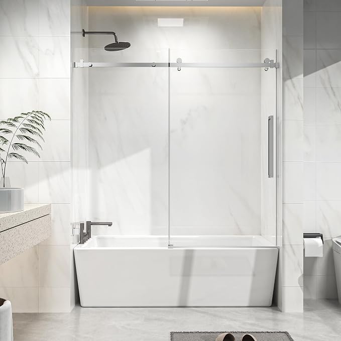 Frameless Sliding Bathtub Door 60" W x 58" H, 1/4" Clear Tempered Glass by Relaxcabine