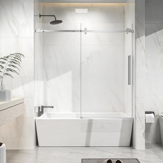 Frameless Sliding Bathtub Door 60" W x 58" H, 1/4" Clear Tempered Glass by Relaxcabine