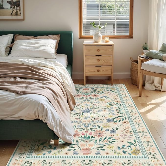 Floral Rug for Living Room Bedroom, 4x6 Washable Rug, Large Non Slip Low Pile - Image 2