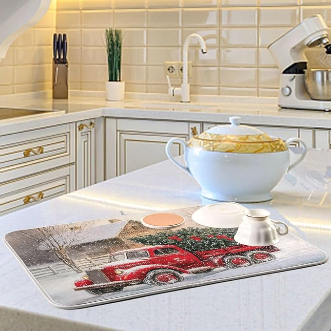 Red Christmas Truck Dish Drying Mat - Image 2