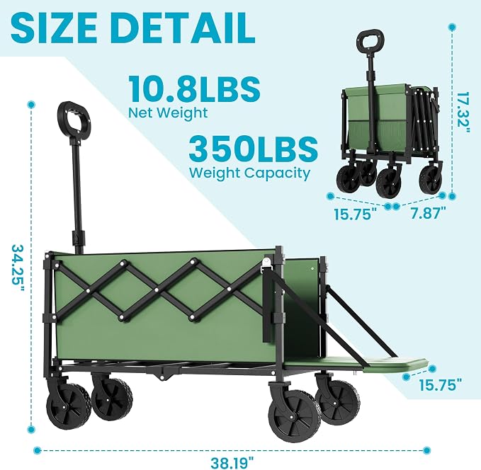 Collapsible Folding Wagon with Tailgate, Wagons Carts Foldable with 350lbs - Image 7