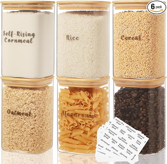 6 Pcs Square Glass Pantry Storage Containers - 37oz Thicken Glass Food Storage by XOTAISM