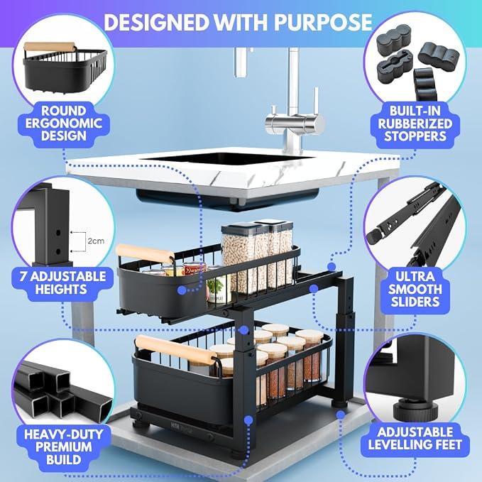 Premium Heavy Duty Carbon Steel Under Sink Organizer, 2 Tier Pull Out Cabinet - Image 4