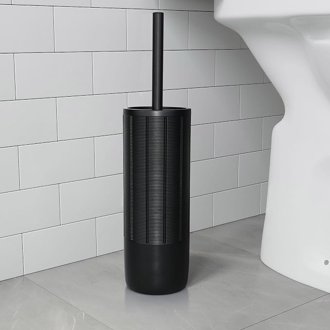 Matte Black Ribbed Design Resin Toilet Bowl Holder and Brush Set, Durable - Image 6